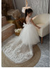 Ivory Shiny Lace Tulle Cute Flower Girl Dress With Detachable Train